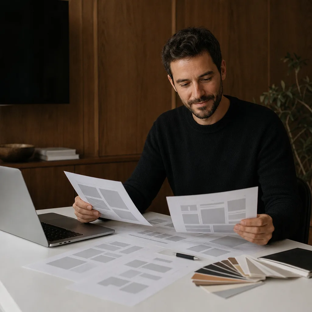 Designer comparing printed layout directions