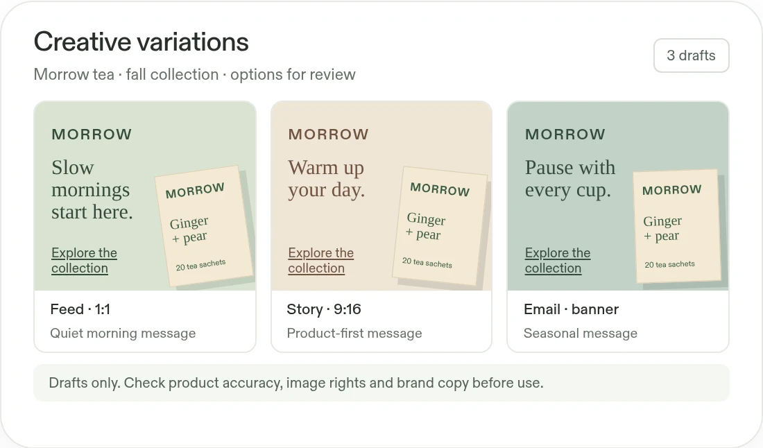Example Morrow tea creative review: three ad drafts for feed, story, and email, with product imagery and copy pending brand and rights review.