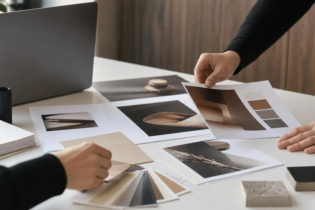 Hands arranging printed ad proofs beside a laptop