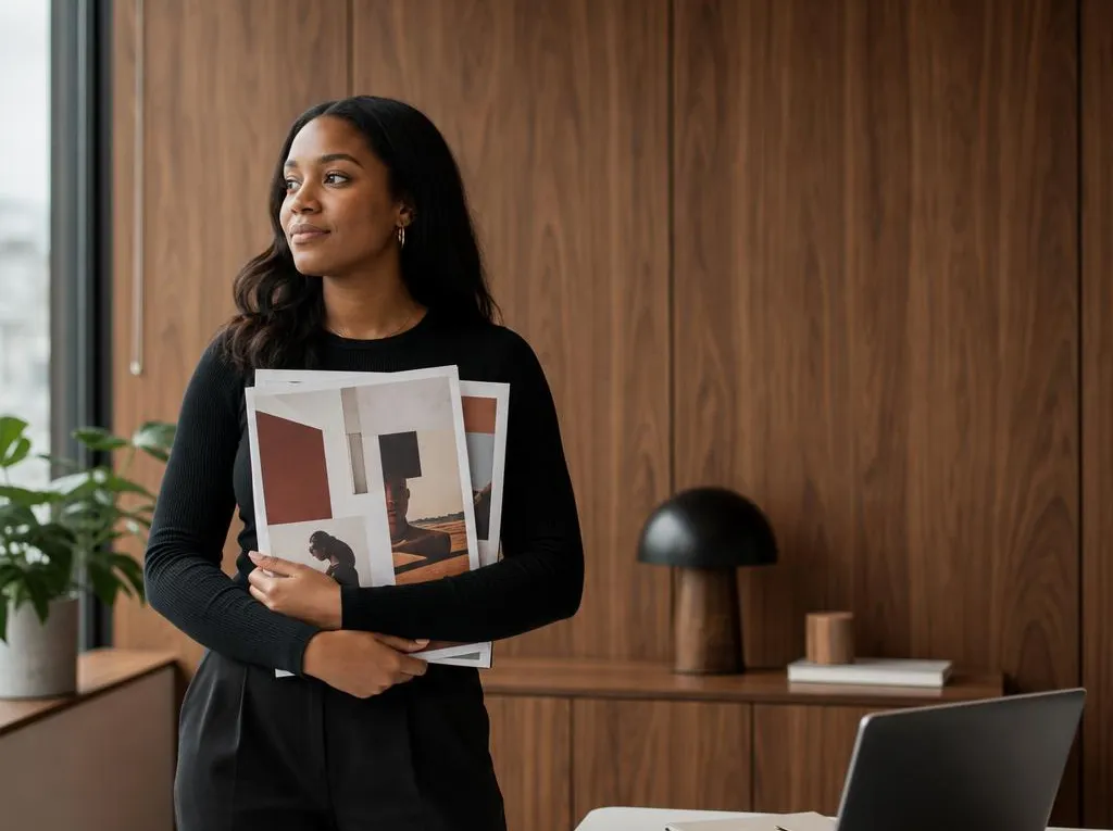 Marketer holding printed campaign concepts in a wood-paneled office