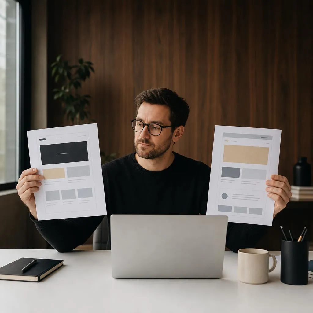 Marketer comparing printed landing page layouts at his desk