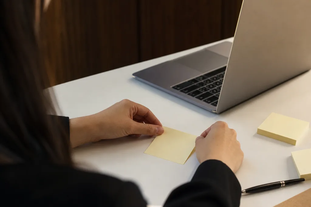 Hands arranging sticky notes beside a laptop