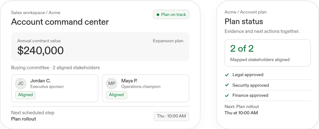 Example Acme account command center and status panel with a $240,000 annual contract value, two aligned stakeholders, and a scheduled rollout planning meeting.