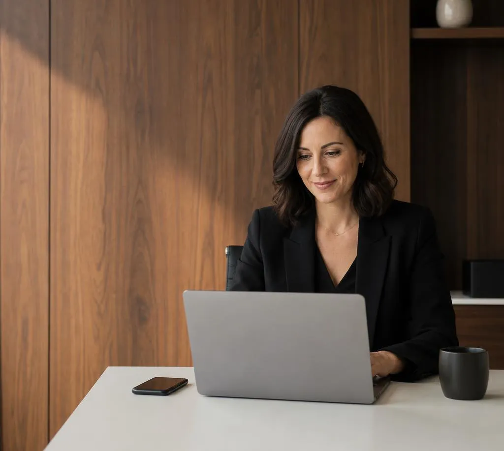Account executive reviewing an account brief on her laptop
