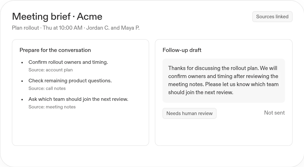 Example Acme meeting brief: rollout planning on Thursday at 10:00 AM, two attendees, three preparation items, and a follow-up draft awaiting review.