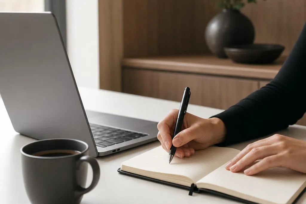 Hands writing meeting notes in a notebook beside a laptop