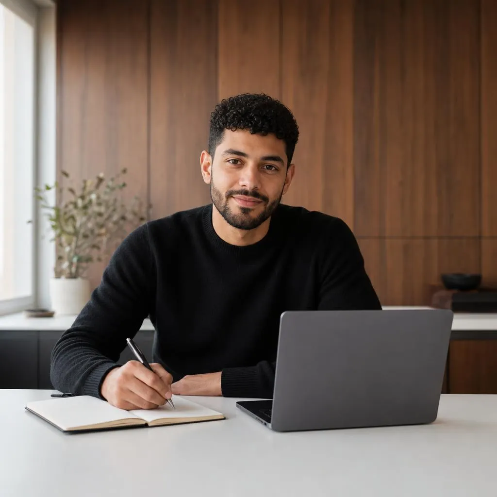 Sales rep preparing for a customer meeting at his laptop