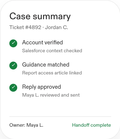 Example case summary for ticket 4892: account and knowledge sources verified, response approved by an agent, and the case resolved.