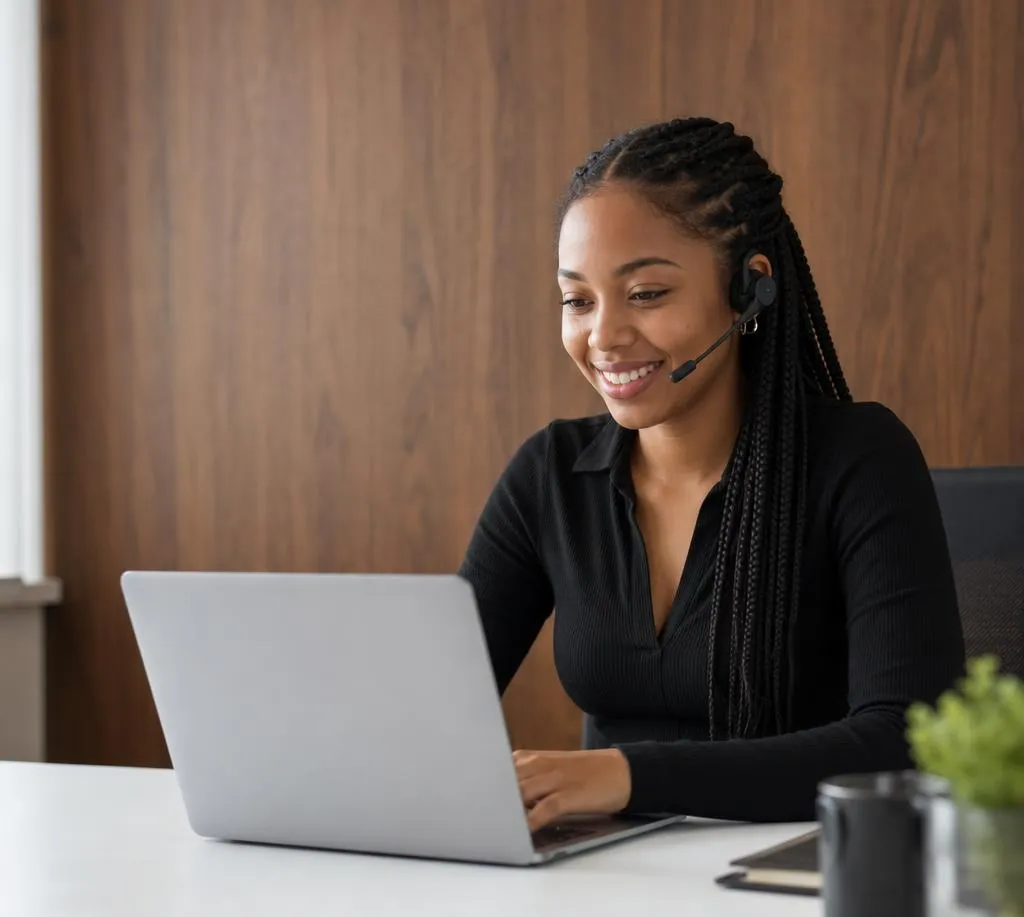Support specialist wearing a headset at her laptop