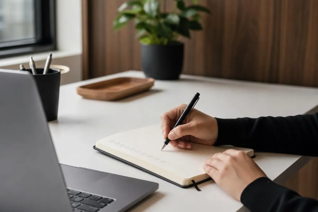 Hands writing a checklist in a notebook beside a laptop