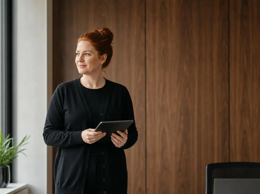 Support lead holding a tablet in a wood-paneled office