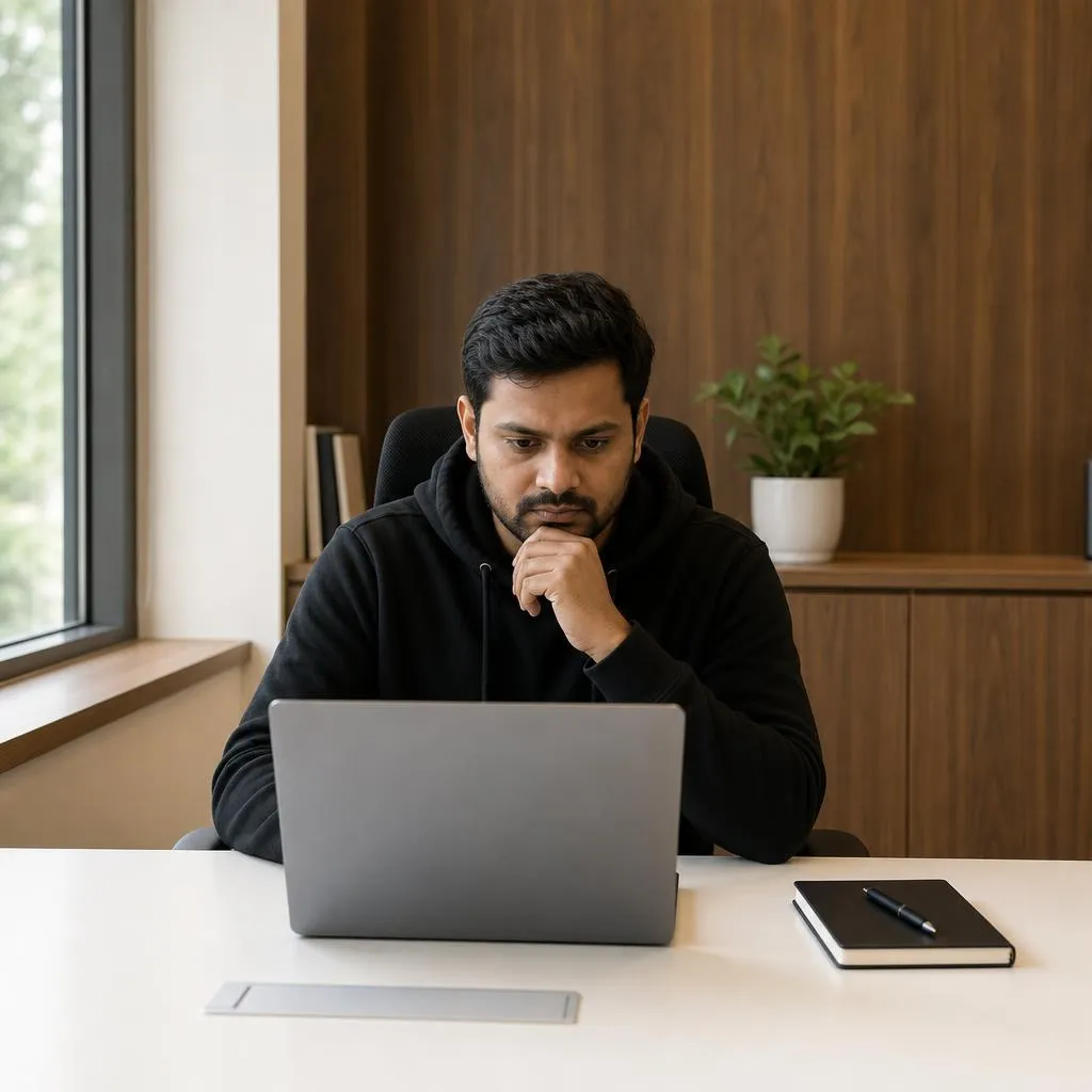 Support engineer investigating a customer issue at his laptop